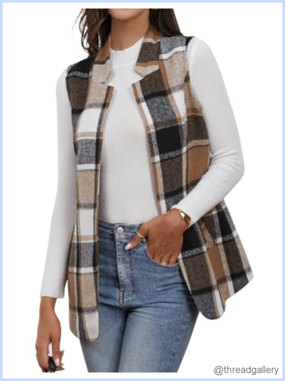 Wool Plaid Vest Sleeveless Blazer Open Front Cardigan Office